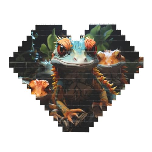 Buntes Eidechsen-Druck-Baustein-Puzzle – herzförmige Bilderpuzzles, Holzbilder-Puzzles von ZhRiYan