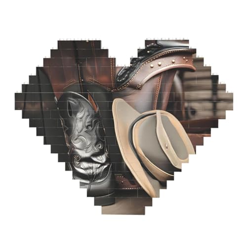 Cowboy Black Hat Western Boots Print Building Brick Block Puzzle - Heart Shaped Picture Puzzles, Wooden Picture Jigsaw Puzzles von ZhRiYan