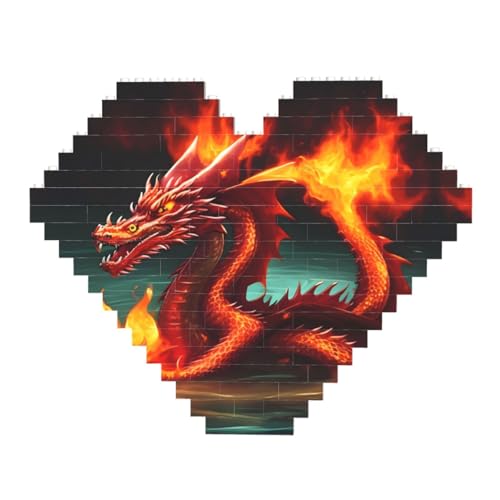 Dragon King in Fire Print Building Brick Block Puzzle - Heart Shaped Picture Puzzles, Wooden Picture Jigsaw Puzzles von ZhRiYan