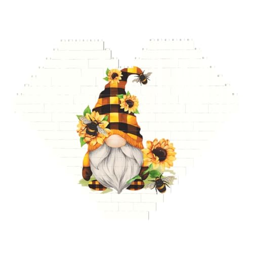 Gnome Bee Yellow Floral Print Building Brick Block Puzzle - Heart Shaped Picture Puzzles, Wooden Picture Jigsaw Puzzles von ZhRiYan