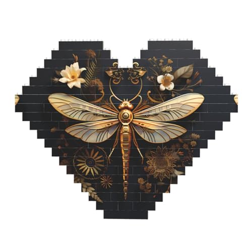 Goldenes exquisites Libellen-Druck-Baustein-Puzzle – Herzförmige Bilderpuzzles, Holzbilder-Puzzles von ZhRiYan