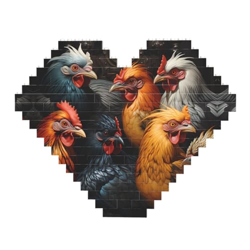 Hähne in vielen Farben gekleidet mit Bausteinen, Herzförmiges Bildpuzzle, Holzbilder-Puzzles von ZhRiYan