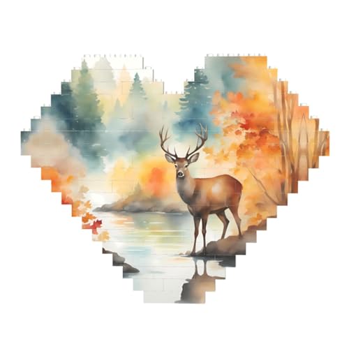 Hirsch am Fluss Druck Baustein Block Puzzle - Herzförmige Bildpuzzles Holzbild Puzzle von ZhRiYan