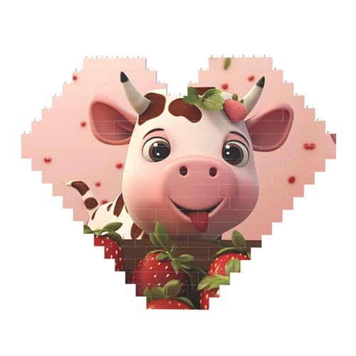 Kühe und Erdbeeren Druck Baustein-Puzzle - Herzförmige Bilderpuzzles, Holzbilder-Puzzles von ZhRiYan