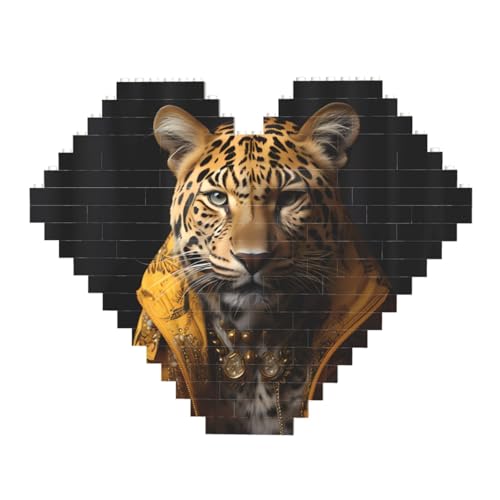 Leopard in einer Lederjacke Druck Baustein-Puzzle - Herzförmige Bilderpuzzles, Holzbilder-Puzzles von ZhRiYan