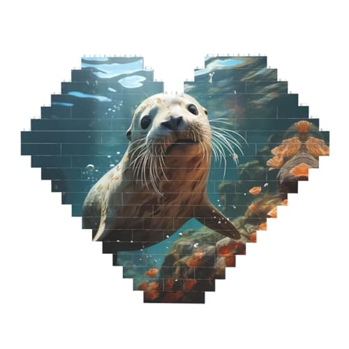 Robbenwelpe im Wasser Druck Baustein-Puzzle – Herzförmige Bilderpuzzles, Holzbilder-Puzzles von ZhRiYan