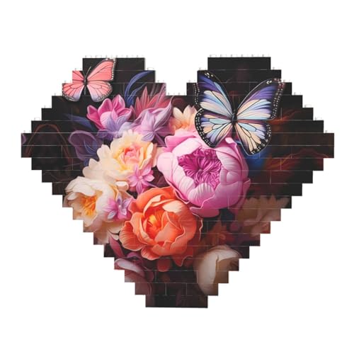 Schmetterlinge und frischer Buschdruck Baustein-Puzzle – Herzförmige Bilderpuzzles, Holzbilder-Puzzles von ZhRiYan