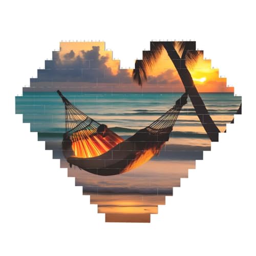 Sonnenuntergang Strand Hängematte Druck Baustein Block Puzzle - Herzförmige Bilderpuzzles Holzbild Puzzle von ZhRiYan