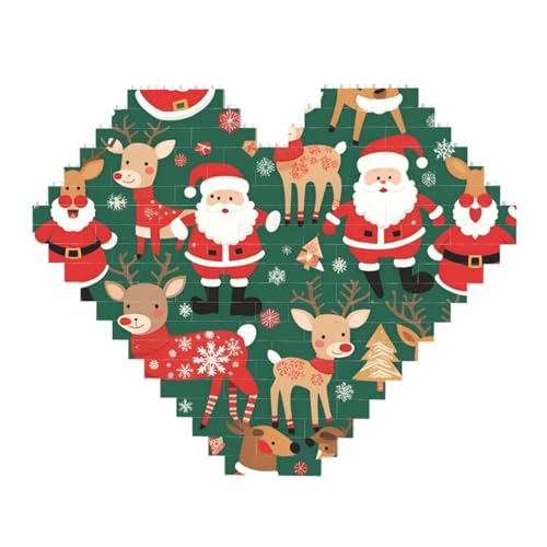Weihnachtsmann und Weihnachten Hirsch Druck Baustein Block Puzzle - Herzförmige Bildpuzzles Holzbild Puzzle von ZhRiYan