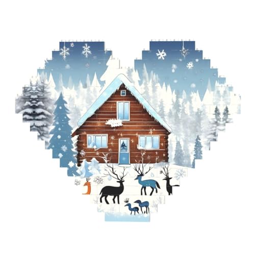 Winter Fawn Print Building Brick Block Puzzle - Heart Shaped Picture Puzzles, Wooden Picture Jigsaw Puzzles von ZhRiYan