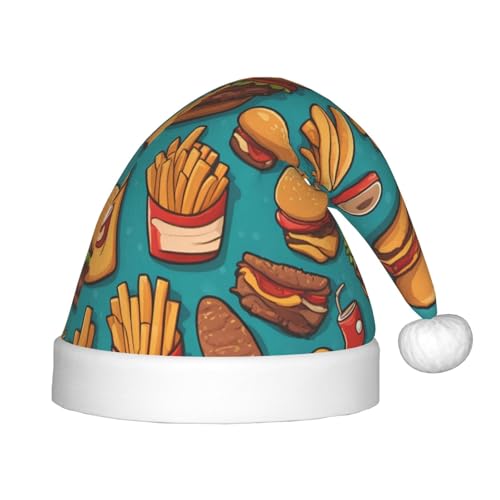 ZhRiYan Viele Cartoon-Burger-Pommes Frites klassische Weihnachtsmann-Weihnachtsmann-Neujahrsparty-Kopfbedeckung – warmer Urlaubshut – perfekte Kopfbedeckung für Weihnachten, Halloween von ZhRiYan
