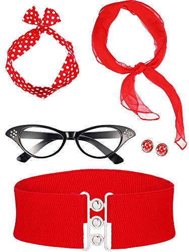 Zhanmai 50er Jahre Kostüm Schal Polka Punkt Stirnband Ohrring Katzenauge Brille Taillenbund (Rot) von Zhanmai