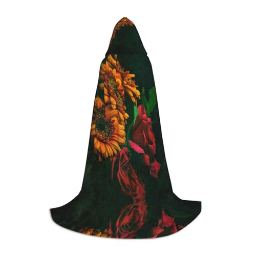 Zhengjia Halloween-Kapuzenumhang mit Sonnenblumen- und Rosen-Druck, Hexe, Cosplay-Zubehör, Erwachsenen-/Kinder-Kostüm für Maskerade, Halloween, Familienfeier von Zhengjia