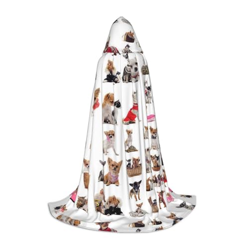 Zhengjia Niedlicher Chihuahua-Mops-Muster, Halloween-Kapuzenumhang, Hexe, Cosplay-Zubehör, Erwachsene/Kinder, Faschingskostüm für Maskerade, Halloween, Familienparty von Zhengjia