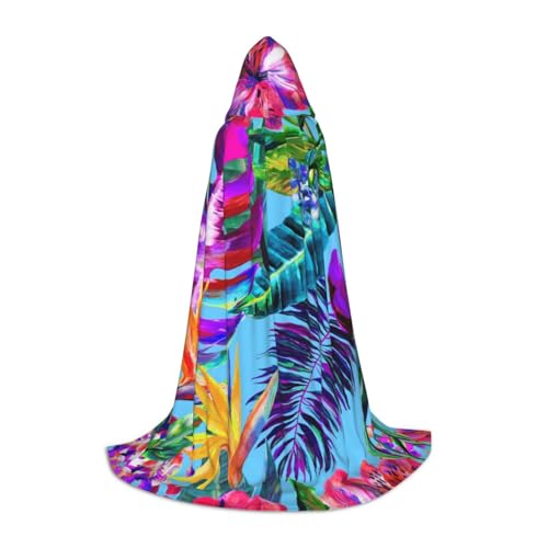 Zhengjia Rosa Blume Tropischer Pflanzendruck Halloween Kapuzenumhang Hexe Cosplay Zubehör Erwachsene/Kinder Kostüm für Maskerade, Halloween, Familienparty von Zhengjia