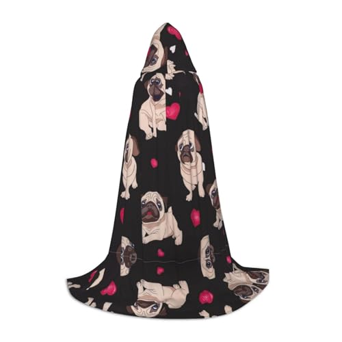 Zhengjia Süßer Mops-Druck, Halloween-Kapuzenumhang, Hexe, Cosplay-Zubehör, Erwachsene/Kinder, Kostüm für Maskerade, Halloween, Familienfeier von Zhengjia