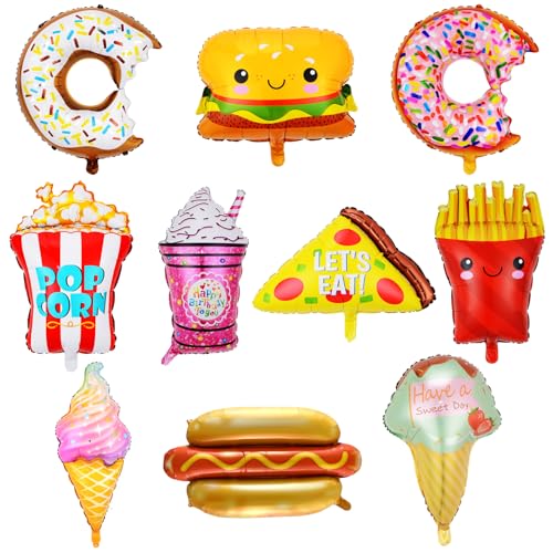10 Stück Donut Luftballons, Eiscreme Donut Folienballons Set, Eiscreme Helium Ballons, Pommes Popcorn Folienluftballon, Hamburger Luftballons, Food Themed Balloons für Kinder Party Deko von Zhlearda