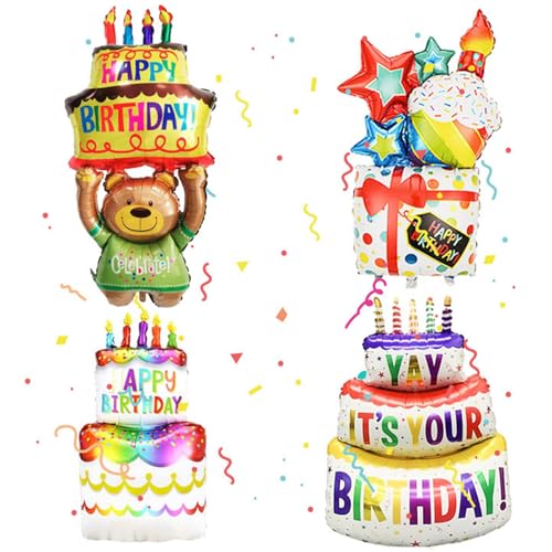 Folienballon Happy Birthday Torten XXL, 4 Stück Happy Birthday Folienballon Stehend, Happy Birthday Deko Bär, Torten Ballon und Geschenk Ballon, Kuchen Folienluftballon Party Dekoration Folienballon Happy Birthday Torten XXL, 4 Stück Happy Birthday Folienballon Stehend, Happy Birthday Deko Bär, Torten Ballon und Geschenk Ballon, Kuchen Folienluftballon Party Dekoration von Zhlearda