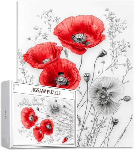 Puzzle 1000 Teile Rot Puzzle Erwachsene, DIY Groß Puzzelmatten, Holzpuzzle für Erwachsene und Kinder ab 12 Jahren Wooden Jigsaw Mohn Geschicklichkeitsspiel für Die Ganze Familie, Geschenke D-655 von Zhlpjecc