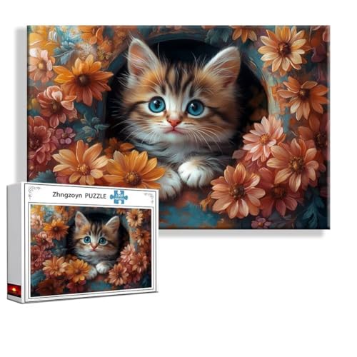 Puzzle 1000 Teile Katze, Puzzle Erwachsene Anspruchsvoll Jigsaw Blume Groß XXL 75 x 50 cm, Klassische Impossible Jigsaw Art für Frauen Männer, Holzpuzzle für Deko Wohnzimmer, Geschenke zu Ostern O-3 von Zhngzoyn