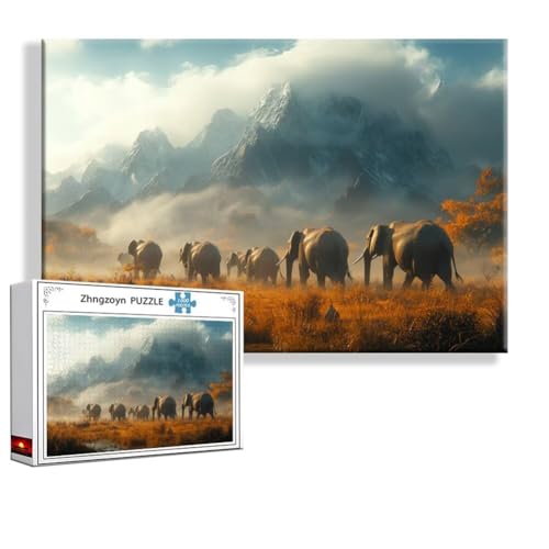 Puzzle 1000 Teile Landschaft, Puzzle Erwachsene Anspruchsvoll Jigsaw Elefant Groß XXL 75x50 cm, Klassische Impossible Jigsaw art für Frauen Männer, Holzpuzzle für Deko Wohnzimmer, Geschenke Ostern T-9 von Zhngzoyn