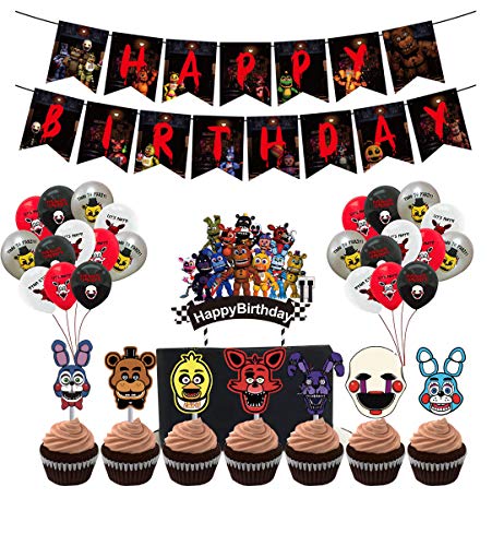 Zhongkaihua FNAF Geburtstagsparty-Dekorations-Zubehör, inklusive Kuchenbanner, 25 Cupcake-Topper und 24 Luftballons (48 Stück) von Zhongkaihua