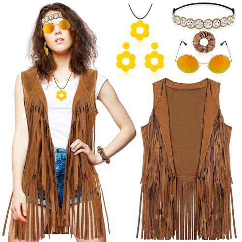 ZhouBoat 60er-70er-Jahre Outfits für Damen, groovige Outfits, Kleidung, Damen, braune Fransenweste, 70er-Jahre-Kostüm, Tops, Sonnenbrille, Halsketten, Ohrringe, Stirnband, grooviges Outfit, groß ZhouBoat 60er-70er-Jahre Outfits für Damen, groovige Outfits, Kleidung, Damen, braune Fransenweste, 70er-Jahre-Kostüm, Tops, Sonnenbrille, Halsketten, Ohrringe, Stirnband, grooviges Outfit, groß von ZhouBoat