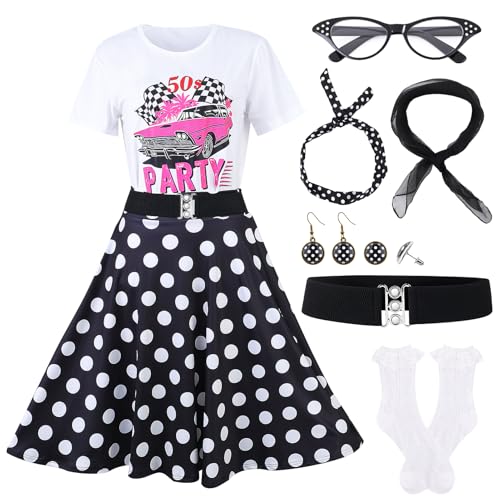 ZhouBoat 9-teiliges Socken-Hop-Outfit für Damen, 50er-Jahre-Kostüm, 1950er-Pudelrock-T-Shirt mit 50er-Jahre-Zubehör für Halloween-Kostüme, Mehrfarbig, L von ZhouBoat