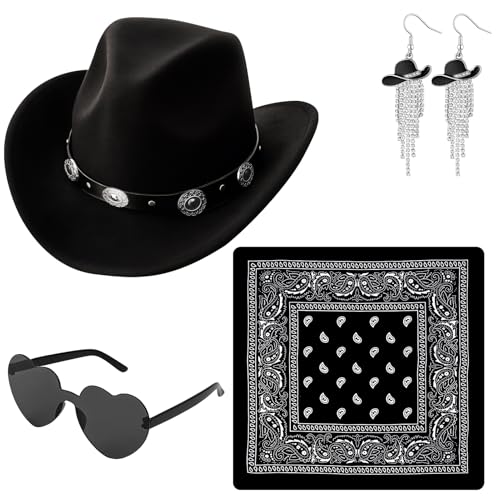 ZhouBoat Cowboyhüte für Damen, Strass, Quasten, Cowgirl-Hut, Ohrringe, Brille, Bandana-Set für Western-Cosplay, 4 Stück von ZhouBoat