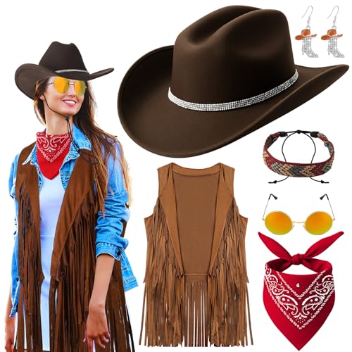ZhouBoat Cowgirl-Outfits für Damen, Western-Outfit, Fransenweste, Cowboyhut, Brille, Ohrringe, Bandana, Armband für Cosplay, 6 Stück (XL) von ZhouBoat