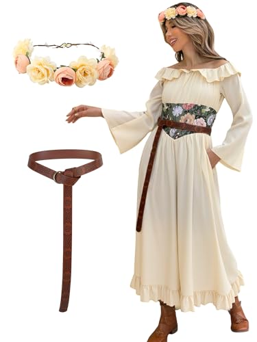 ZhouBoat Renaissance-Feenkleid, viktorianisches Mittelalter-Kostüm, Blumenkrone, Gürtel, Beige, S von ZhouBoat
