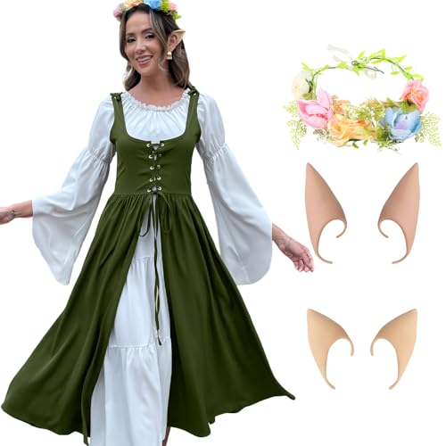 ZhouBoat Renaissance-Kleid, Mittelalter-Kostüm für Damen, mit Elfenohren und Blumenkrone, L, Grün von ZhouBoat