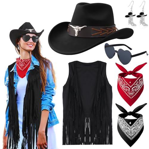 ZhouBoat Western-Cowgirl-Kostüm für Damen, Cowgirl-Outfit-Set, Fransenweste, Cowboyhut, Brille, Ohrringe, Bandana, Armband, 6-teilig, Schwarz, XL ZhouBoat Western-Cowgirl-Kostüm für Damen, Cowgirl-Outfit-Set, Fransenweste, Cowboyhut, Brille, Ohrringe, Bandana, Armband, 6-teilig, Schwarz, XL von ZhouBoat