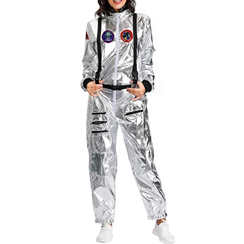 Zhrmghgws Spaceman Kostüm Astronaut Uniform Jumpsuit Silver Space Suit mit gestickten Patches & Taschen, Adult Halloween Outfit Daily Role Play Fancy Dress Cosplay Suit for Women Men Couple von Zhrmghgws