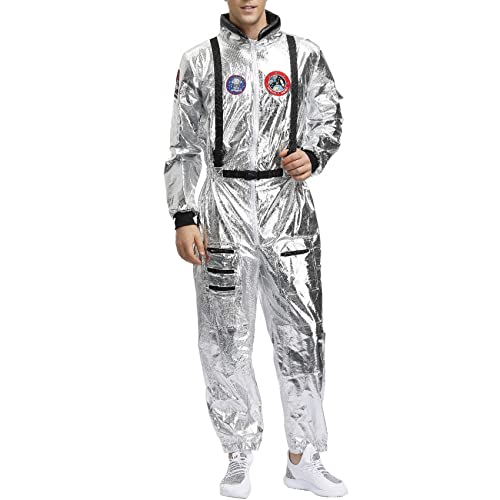 Zhrmghgws Spaceman Kostüm Astronaut Uniform Jumpsuit Silver Space Suit mit gestickten Patches & Taschen, Adult Halloween Outfit Daily Role Play Fancy Dress Cosplay Suit for Women Men Couple von Zhrmghgws