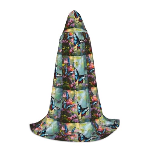 Zhuanyun Frühlings-Maxi-Umhang mit buntem Schmetterlings-Druck, mit Kapuze, Winter, warm, lang, Cosplay-Kostüme, Oberbekleidung von Zhuanyun
