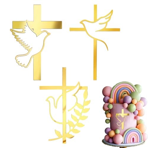 3 Stück Kreuz-Tortenaufsätze, Dekorationen für Erstkommunion und Taufe, goldene Acryl-Tortenaufsätze mit Taube und Blättern für Taufe, Hochzeit (3 Stile) von ZhuoFan