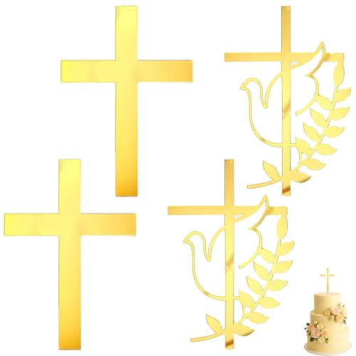 4 Stück Kreuz-Tortenaufsätze, Dekorationen für Erstkommunion und Taufe, Goldene Acryl-Tortenaufsätze mit Taube und Blättern für Taufe, Hochzeit (2 Stile) von ZhuoFan