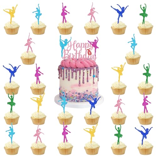25 Stück Ballerina Cupcake Toppers, Mädchen Ballerina Geburtstag Tortendeko, Glitzer Tortenaufleger Ballerina, Ballerina Kuchen Topper, für Baby Shower Thema Ballett Mädchen Geburtstag von Zhuporn