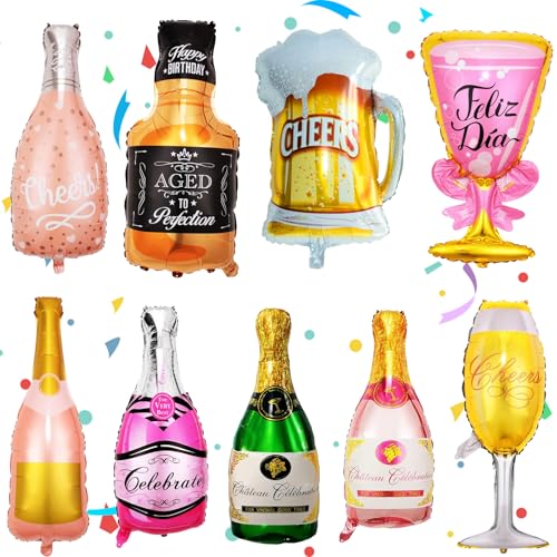 Champagner Folienballon, 9 Stück Luftballons Set Wein Flaschen, XXL Bier Ballons,Wein Flaschen Heliumballon, Weinglas Riesenballon, für Geburtstag Urlaub Hochzeit Bierthema Party Dekoration von Zhuporn