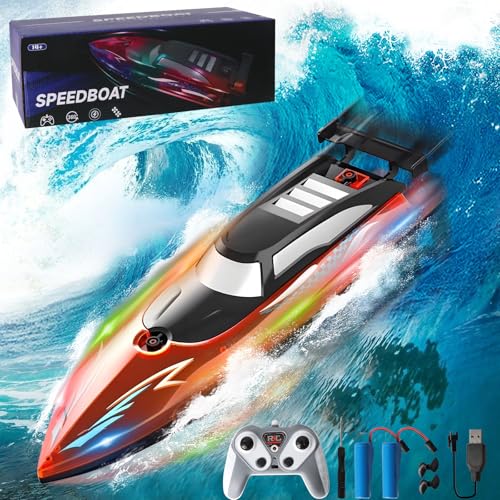 Zhwidnerso Ferngesteuertes Boot mit LED-Licht, 2,4-GHz Rennboote mit 2 Batterien, Nie-Kentern Boot Ferngesteuert, 15km/H Speedboot, Rennboot Geeignet für Kinder, Erwachsene, Seen, Poolspielzeug von Zhwidnerso