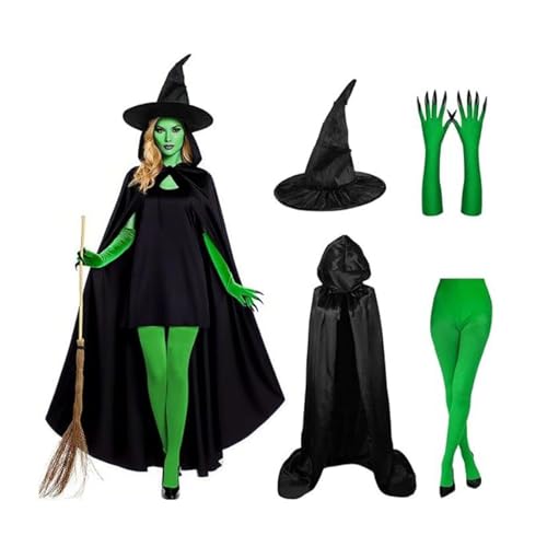 Zibeem Hexenkostüm Für Damen,Hexenhut mit grünen Krallenhandschuhen | Kostüm Kit für Halloween Karneval Kostümfest Cosplay Maskerade von Zibeem
