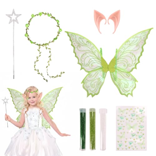 Feenflügel Kostüm, Schmetterlingsflügel mit Sterne Feenstäbe, Elfenohren, Fee Stirnband, Gesicht Aufkleber und 3 Farben Glitzer Gesicht, für Karneval Geburtstag Halloween Weihnachten (Grün) von Zidoley