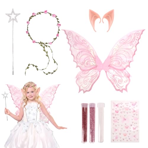 Feenflügel Kostüm, Schmetterlingsflügel mit Sterne Feenstäbe, Elfenohren, Fee Stirnband, Gesicht Aufkleber und 3 Farben Glitzer Gesicht, für Karneval Geburtstag Halloween Weihnachten (Rosa) von Zidoley