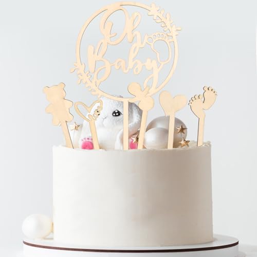 Oh Baby Cake Topper Holz - Essentiales Dekor für Babyparty & Geschlechtsverrat | Perfekt für Windeltorte & alle Kuchen | Ideal für werdende Eltern & Partyplaner​ (Babyparty) von Zidoley