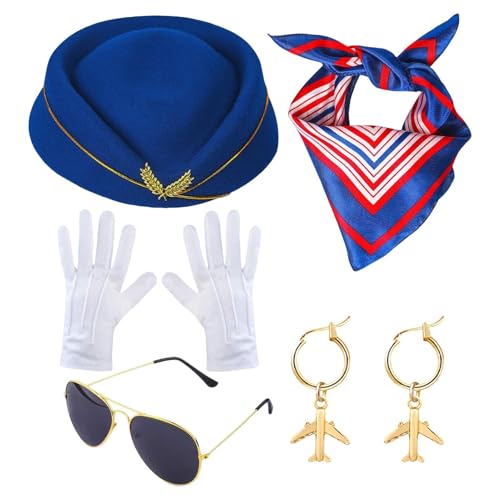 Ziennhu Frauen Stewardess Kostüm | Halloween Cosplay Air Hostess Outfit Für Kostüm | Komplettes Kostümkit Mit Hut, Schal, Brille, Handschuhen Und Ohrringen Für Partys Ziennhu Frauen Stewardess Kostüm | Halloween Cosplay Air Hostess Outfit Für Kostüm | Komplettes Kostümkit Mit Hut, Schal, Brille, Handschuhen Und Ohrringen Für Partys von Ziennhu