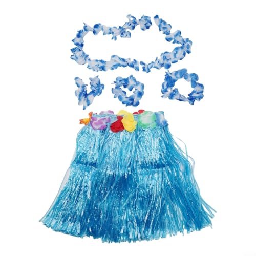 Zilimontt Hawaiianisches Party-Kostüm-Set, Hula-Lei-Rock für Kinder, Blumenarmband, Girlande, Krone, Tanzaufführung, Strand-Luau-Verkleidungszubehör (blau) von Zilimontt