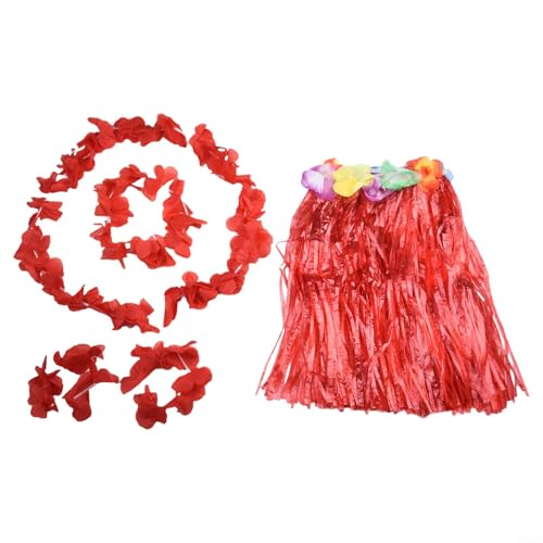 Zilimontt Hawaiianisches Party-Kostüm-Set, Hula-Lei-Rock für Kinder, Blumenarmband, Girlande, Krone, Tanzaufführung, Strand-Luau-Verkleidungszubehör (rot) von Zilimontt