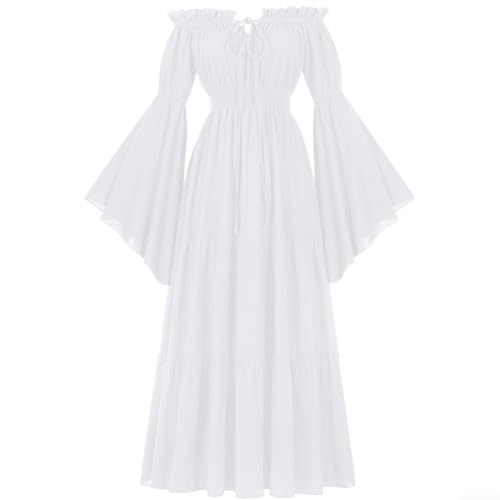 Zilimontt Mittelalterliches Renaissance-Kleid für Damen, Gothic, schulterfrei, Vintage-Maxi-Kostüm, elegant, Prinzessin, lange Ärmel, Trompete, Cosplay, Party, Outfit (XXL, Weiß) von Zilimontt