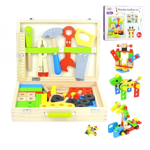 Werkzeugkoffer für Kinder mit 69-teiligem Holzwerkzeugsatz, Montessori-Spielzeug für Kleinkinder im Alter von 3, 4, 5, 6 und 7 Jahren, frühes Lernen, Kreation, Werkbank, Bauen mit Stems, Konstruktion Werkzeugkoffer für Kinder mit 69-teiligem Holzwerkzeugsatz, Montessori-Spielzeug für Kleinkinder im Alter von 3, 4, 5, 6 und 7 Jahren, frühes Lernen, Kreation, Werkbank, Bauen mit Stems, Konstruktion von Zilynhom
